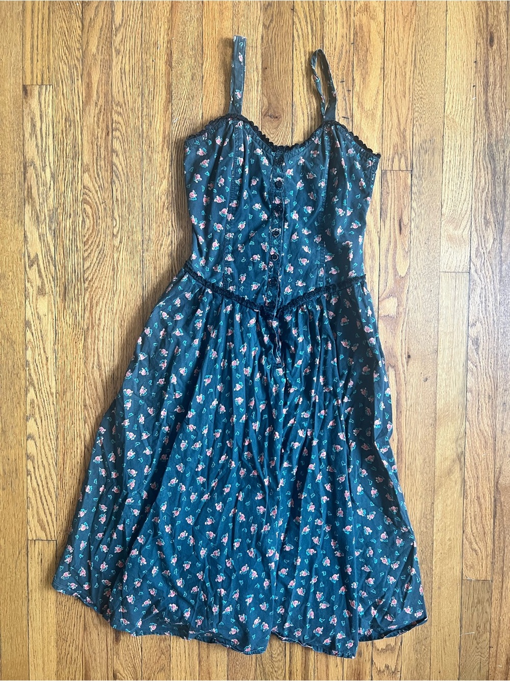 VINTAGE Black Floral Dress with Pink Rose Print